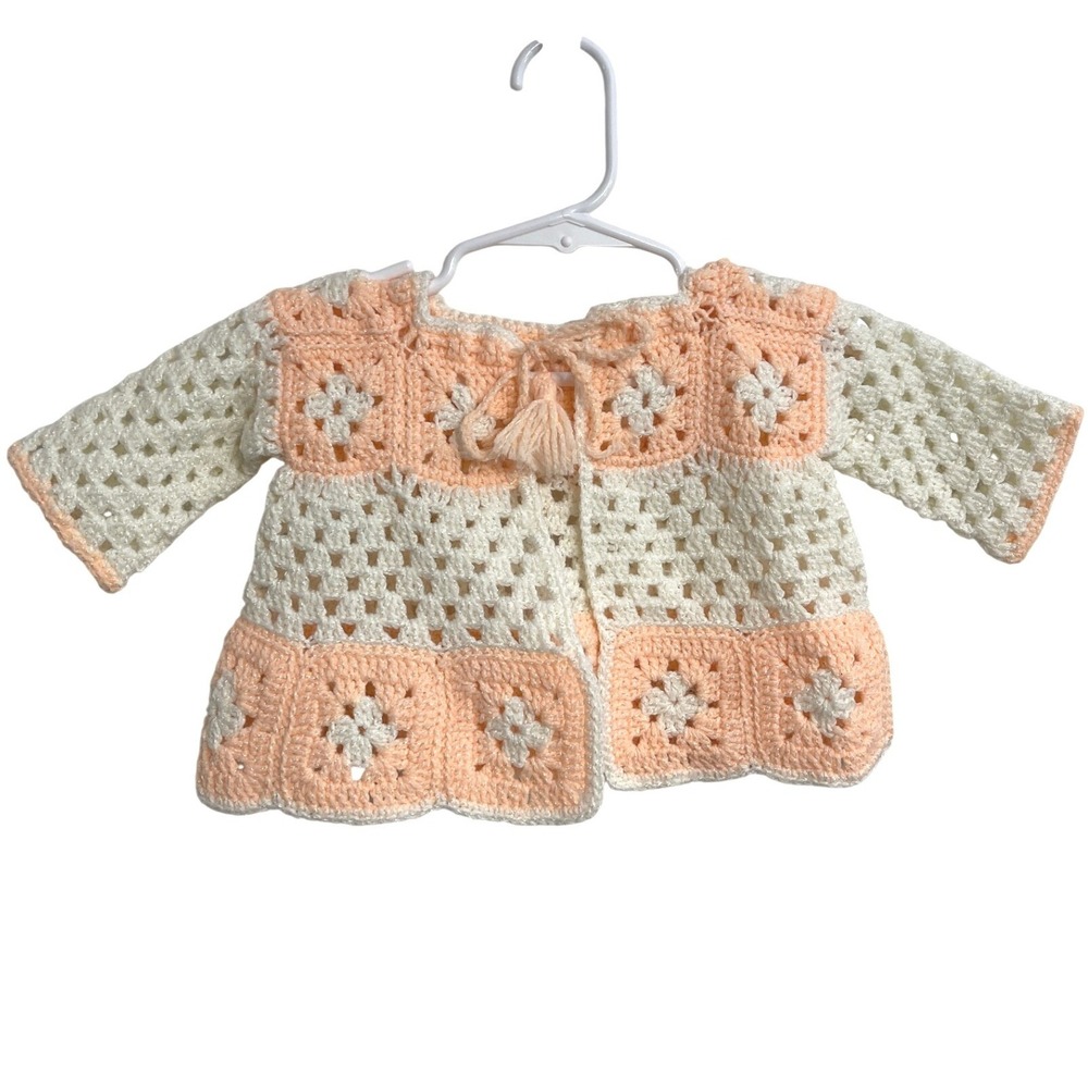 Vintage 90s Handmade Crochet Baby Cardigan Peach Cream Granny Square 0-3M